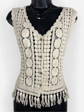 ADORA Crochet Fringe Button-Front Vest in Cream